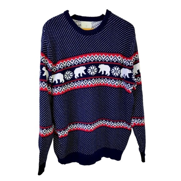 Aspen Christmas Polar Bear Fair Isle Navy Crew Neck Sweater Men's Size XL Large - Picture 1 of 9